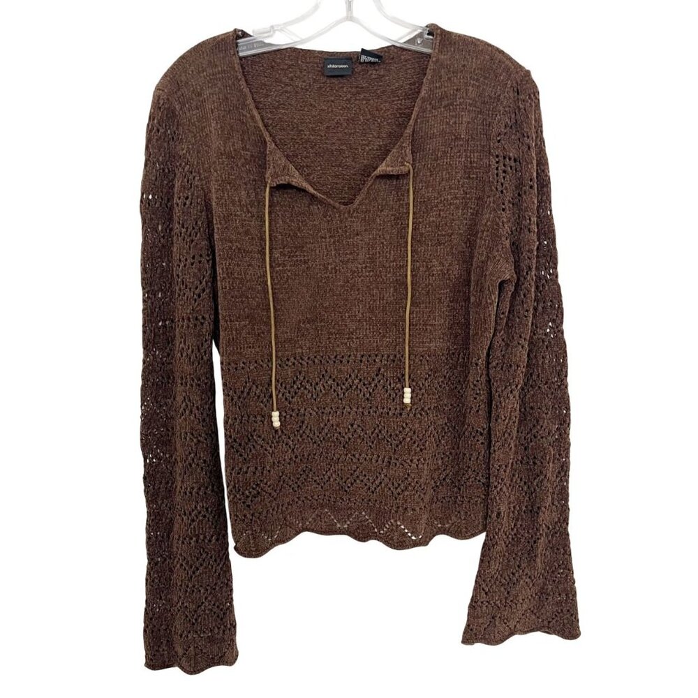 Vintage Xhilaration Y2K Brown Chenille Pointelle Pullover Sweater Boho Indie Siz